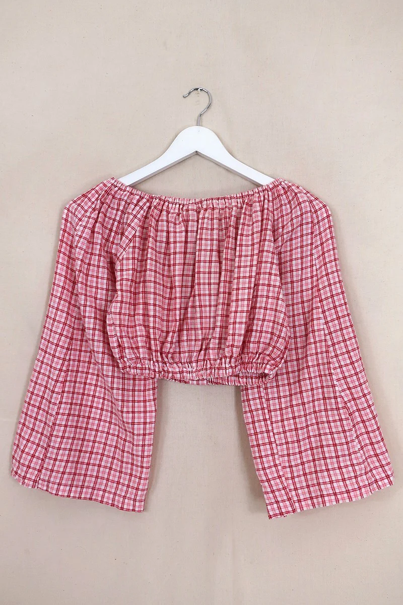 Kitty Reclaimed Crop Top in Berry Pink Miniature Gingham - Free Size L - Image 3