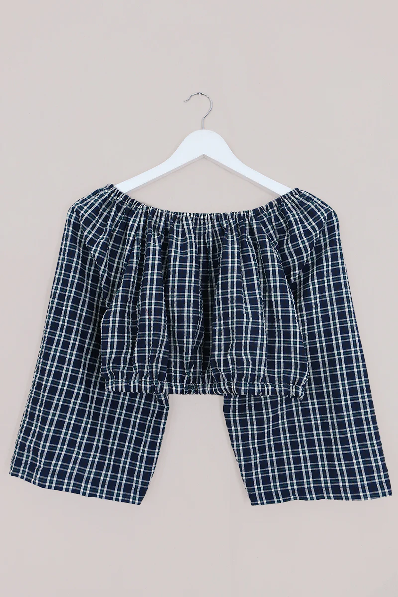 Kitty Reclaimed Crop Top in Sapphire Blue Tartan - Free Size L