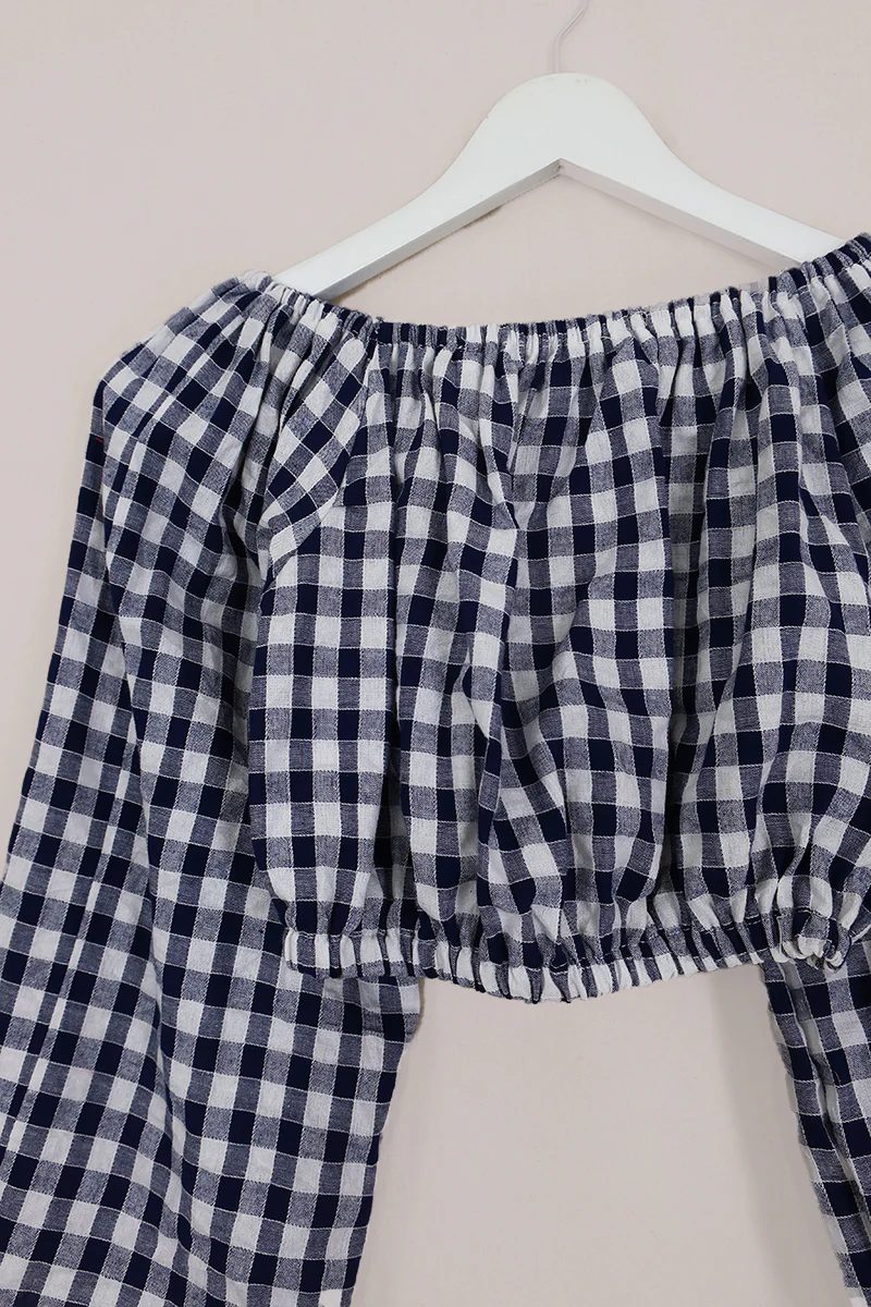 Kitty Reclaimed Crop Top in Jewel Blue & White Check - Free Size S - Image 2