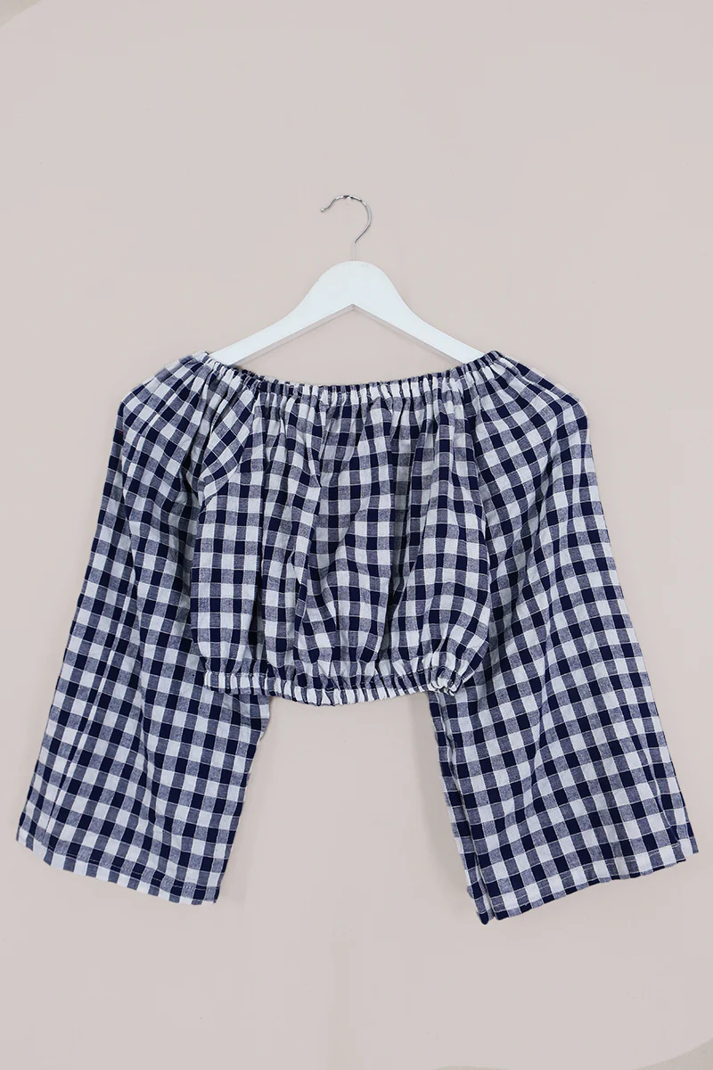 Kitty Reclaimed Crop Top in Jewel Blue & White Check - Free Size S - Image 3