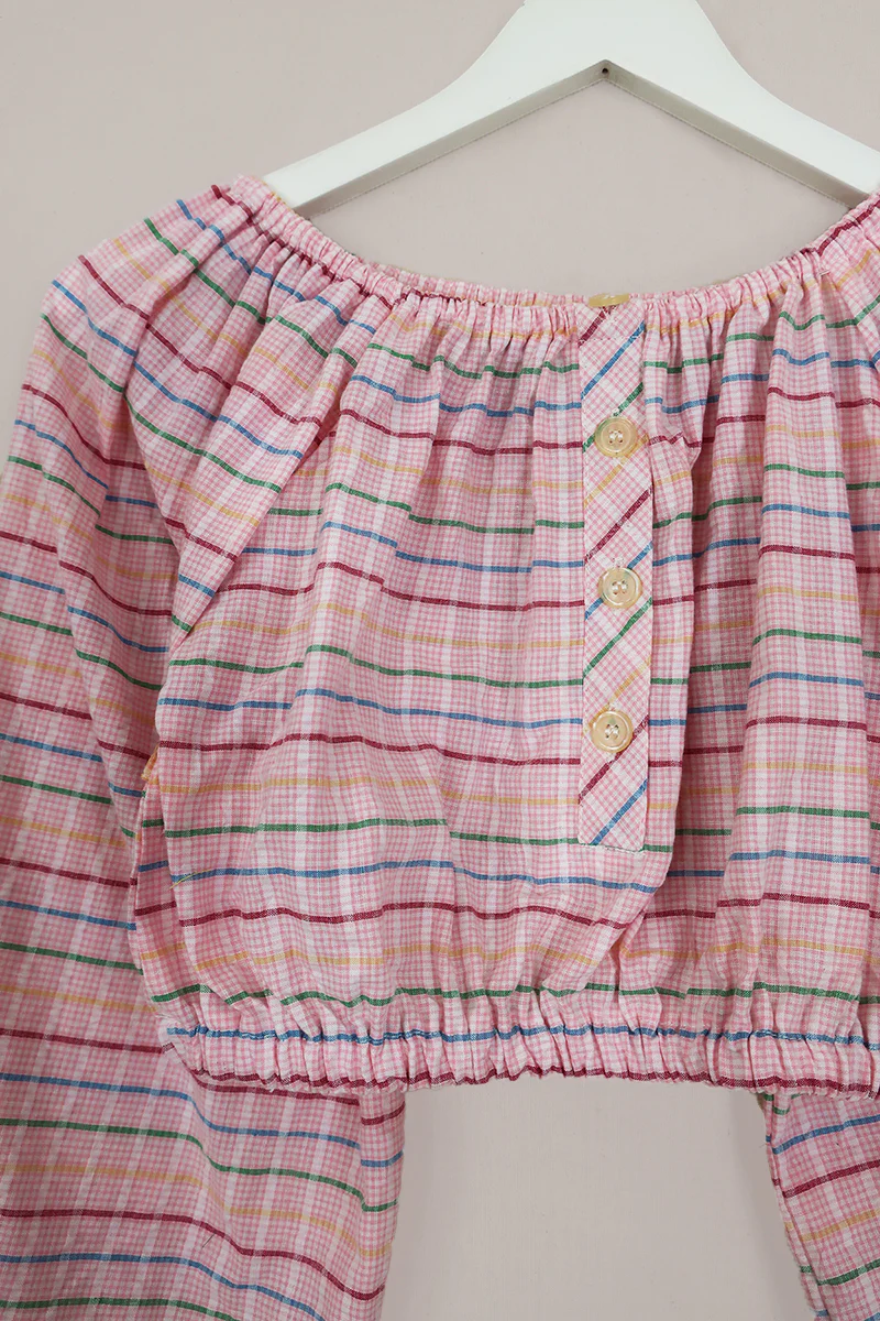 Kitty Reclaimed Crop Top in Petal Pink Stripy Gingham - Free Size S - Image 2