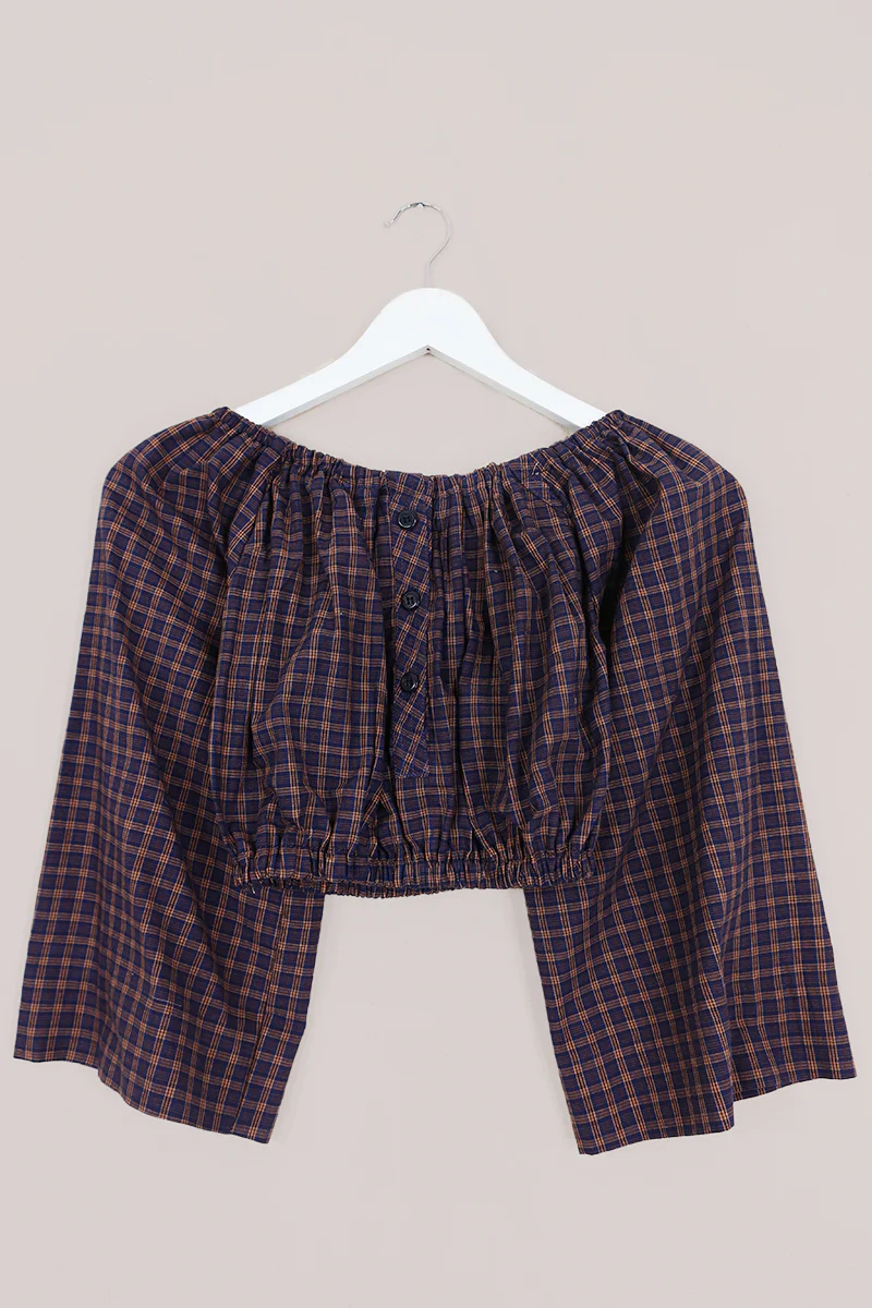 Kitty Reclaimed Crop Top in Royal Blue & Gold Plaid - Free Size S
