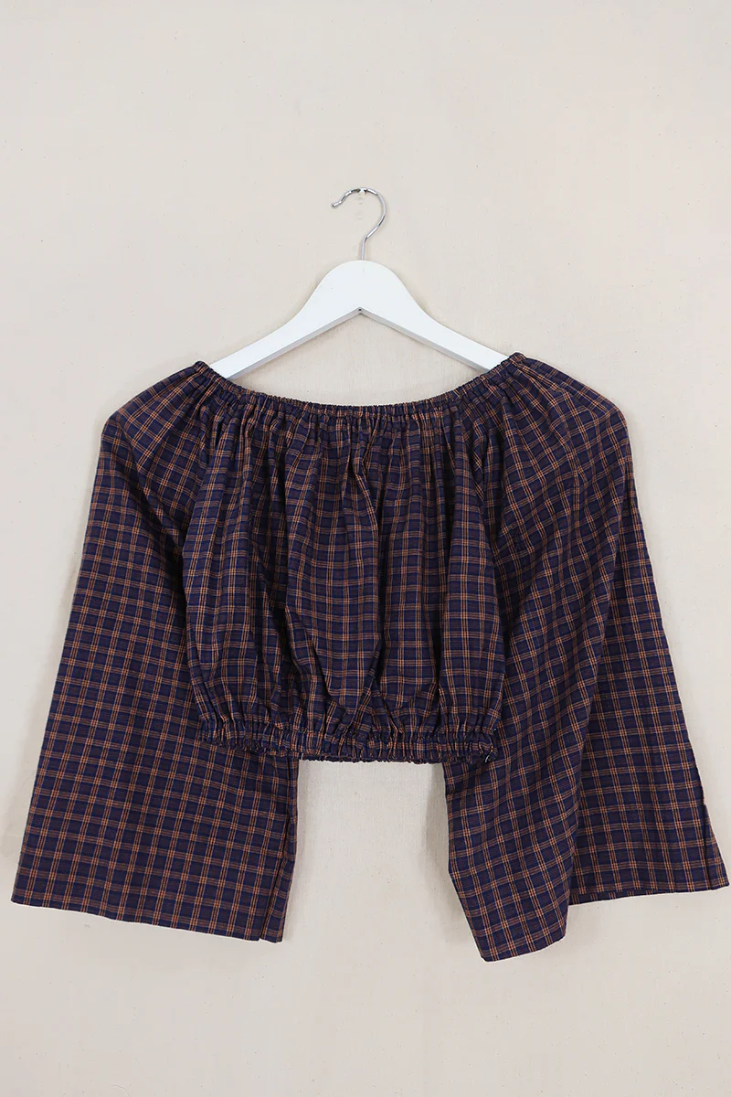 Kitty Reclaimed Crop Top in Royal Blue & Gold Plaid - Free Size S - Image 3