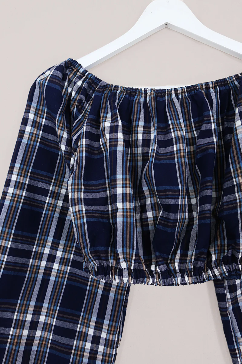 Kitty Reclaimed Crop Top in Traditional Navy Tartan - Free Size S - Image 2
