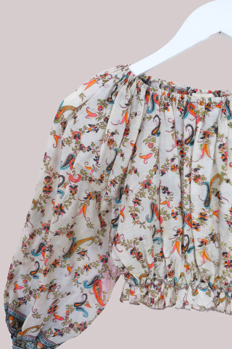 Kitty Vintage Sari Crop Top - Cream Paisley - Free Size - Image 2