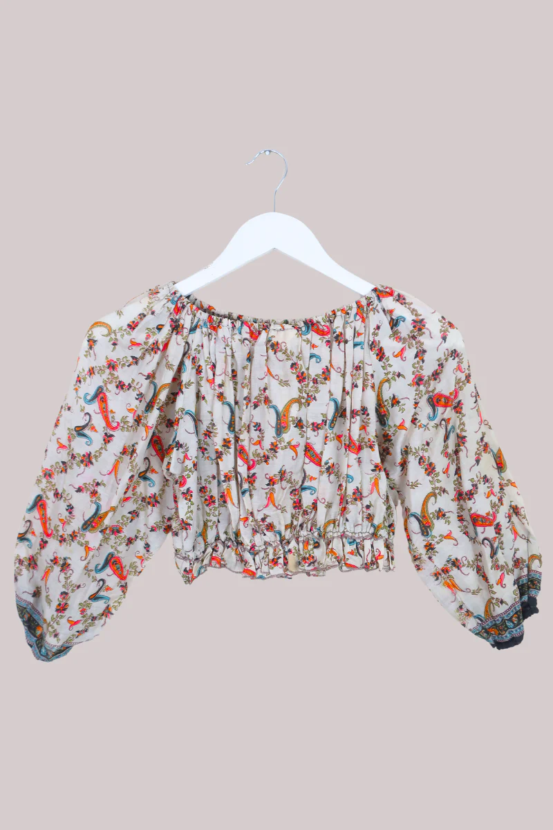 Kitty Vintage Sari Crop Top - Cream Paisley - Free Size - Image 3