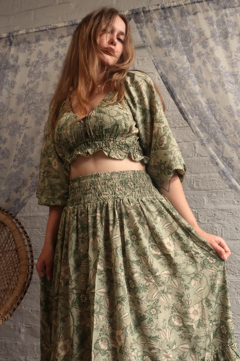 Libra Folklore Floral Crop Top in Bamboo Green - Image 5