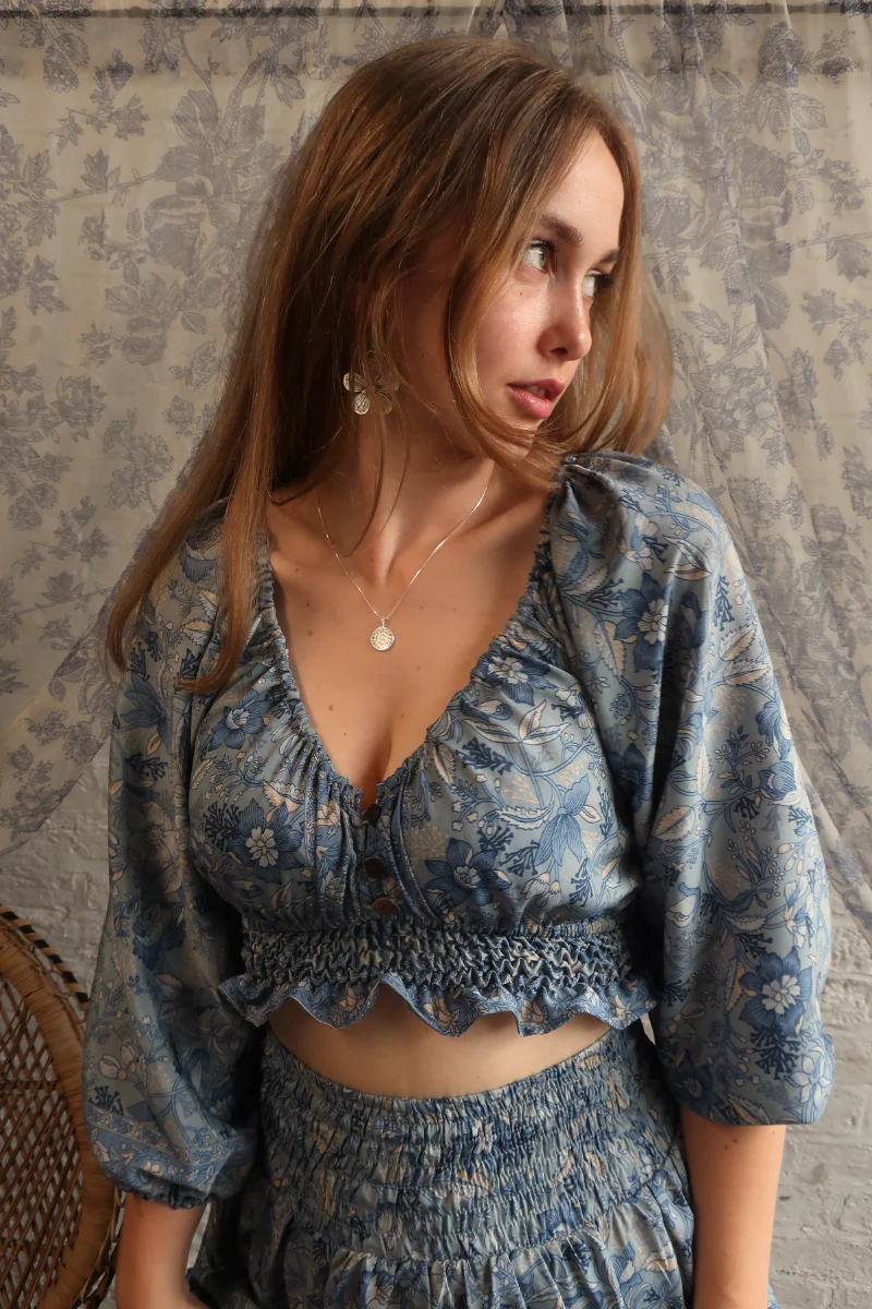 Libra Folklore Floral Crop Top in Forget-Me-Not Blue - Image 5