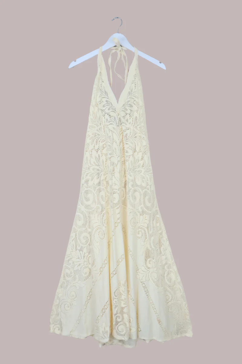 Lily Halter Maxi Dress in Buttermilk Yellow Lace - Size M/L