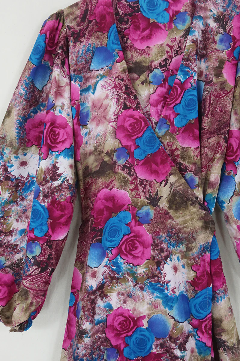 Lola Wrap Dress - Sapphire & Cerise Pink Roses - Size S/M - Image 2