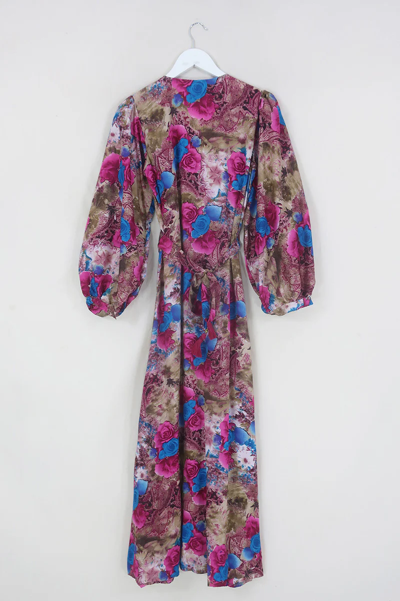 Lola Wrap Dress - Sapphire & Cerise Pink Roses - Size S/M - Image 3