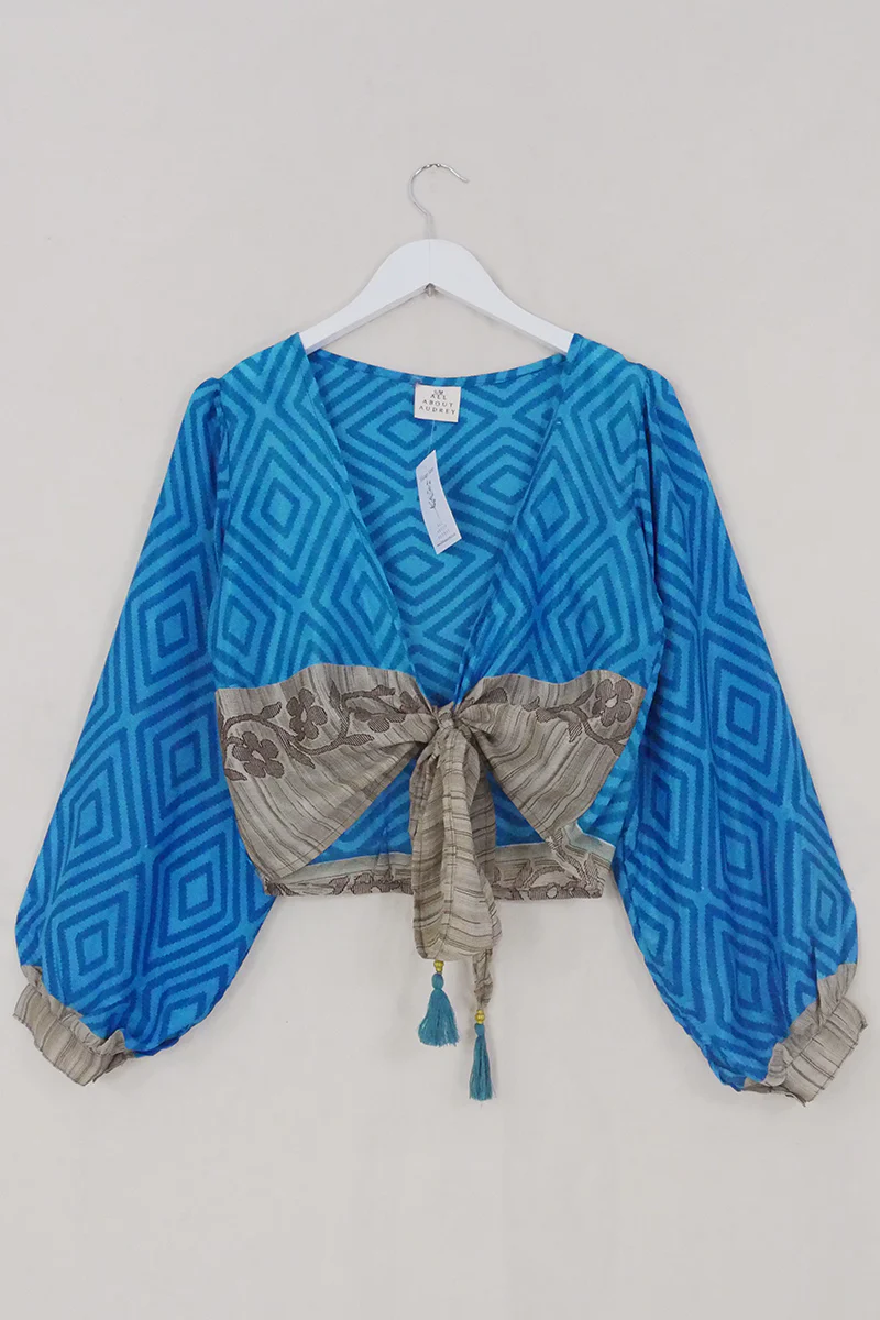 Lola Wrap Top - Ocean Blue Diamond Floral - Size S/M