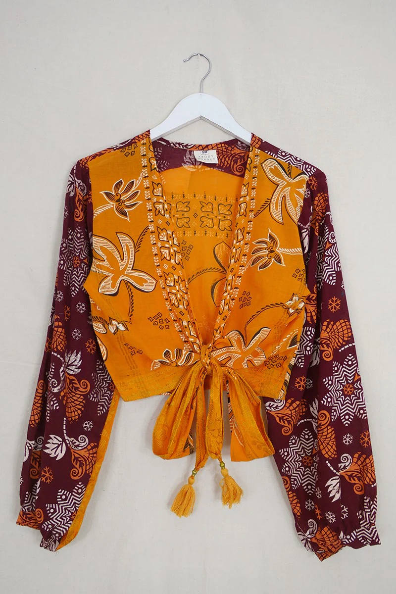 Lola Wrap Top - Vintage Cotton - Ochre Folk Flower - Size S/M