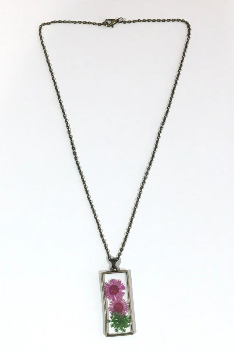Brass Rectangle Dried Flower Pendant Necklace - Magenta & Green - Image 4