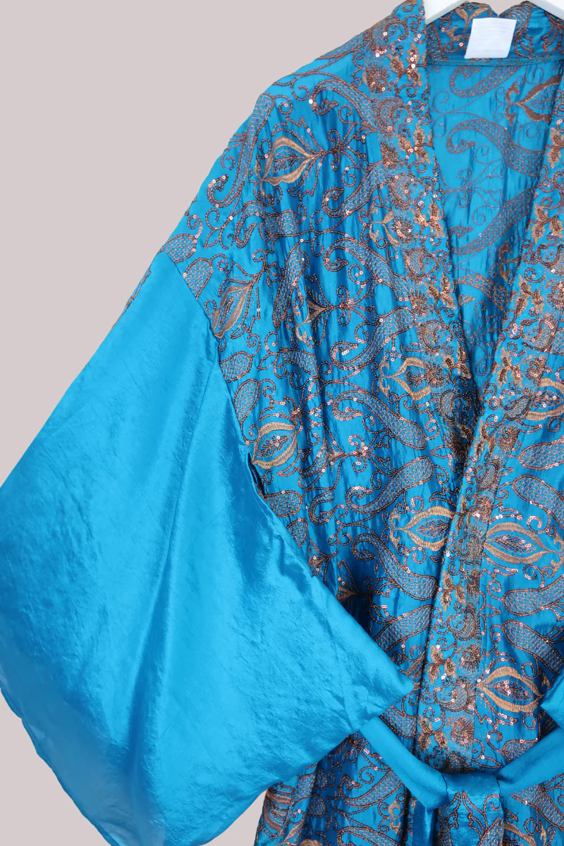 Lotus Embroidered Pure Silk Robe - Agate Blue & Copper - Free Size - Image 2