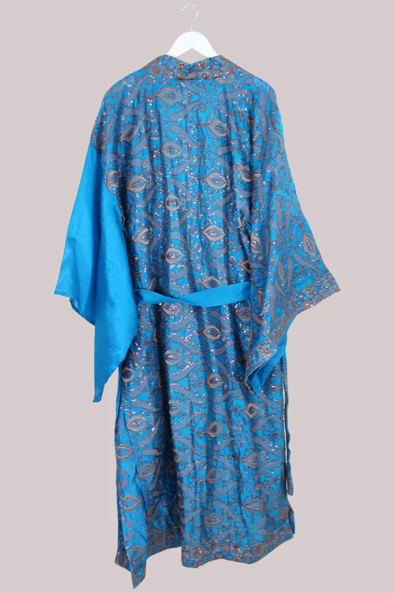 Lotus Embroidered Pure Silk Robe - Agate Blue & Copper - Free Size - Image 3