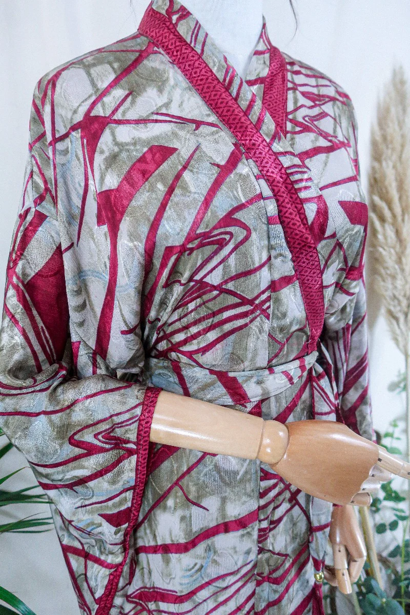 Lotus Kimono Dress - Snowy Pale Green & Red Abstract - Vintage Sari - Free Size - Image 2