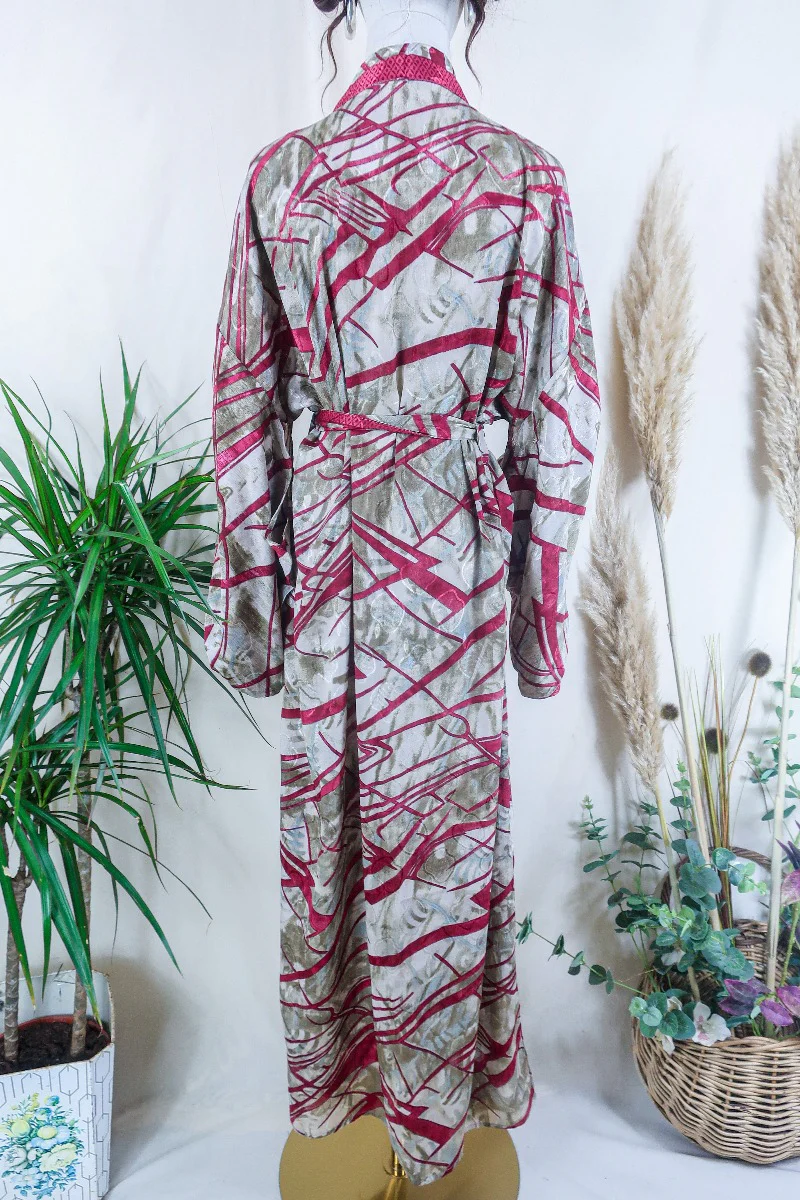 Lotus Kimono Dress - Snowy Pale Green & Red Abstract - Vintage Sari - Free Size - Image 3