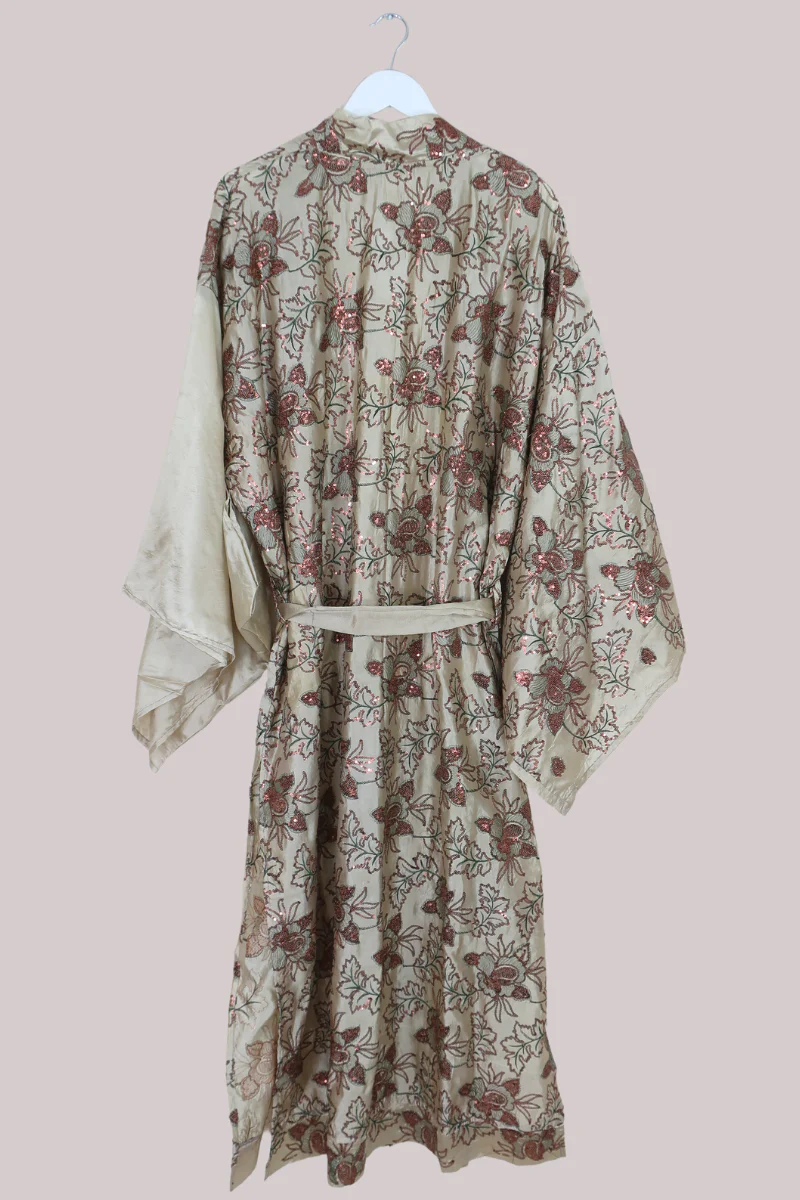 Lotus Embroidered Pure Silk Robe - Threads of Ivy & Copper - Free Size - Image 3
