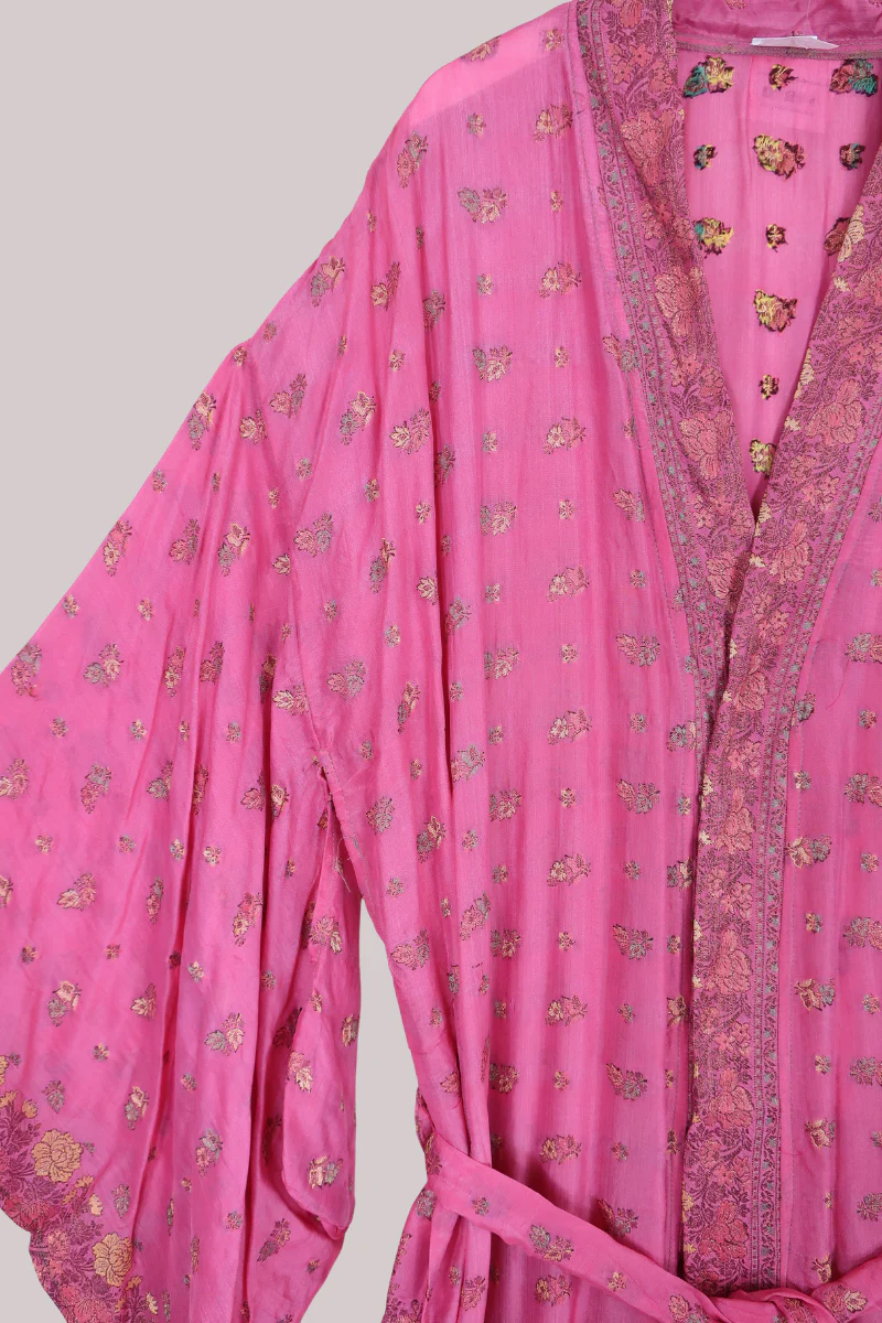 Lotus Embroidered Pure Silk Robe - Shimmering Pink Dahlia - Free Size - Image 2