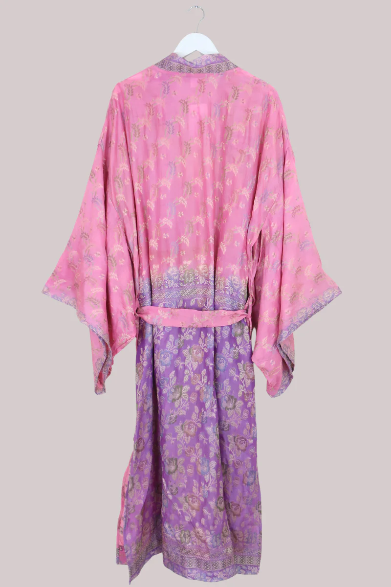 Lotus Embroidered Pure Silk Robe - Watercolour Pink Florals - Free Size - Image 3