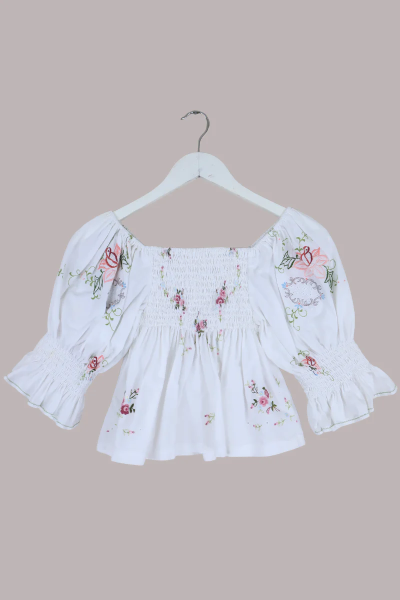 Lucia Vintage Tablecloth Ruched Top in Baby Blue & Pink Floral Bunting - Image 2