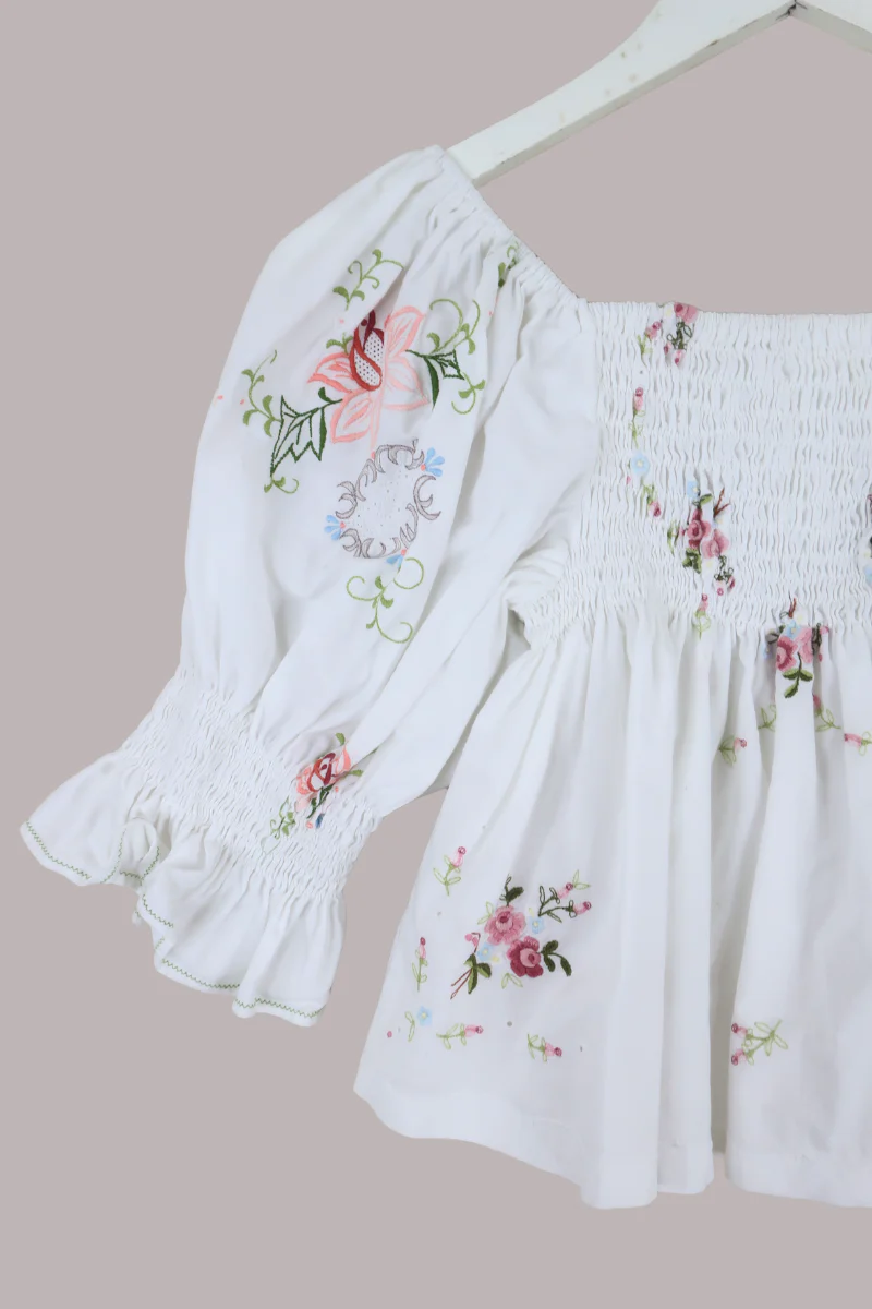 Lucia Vintage Tablecloth Ruched Top in Baby Blue & Pink Floral Bunting - Image 4