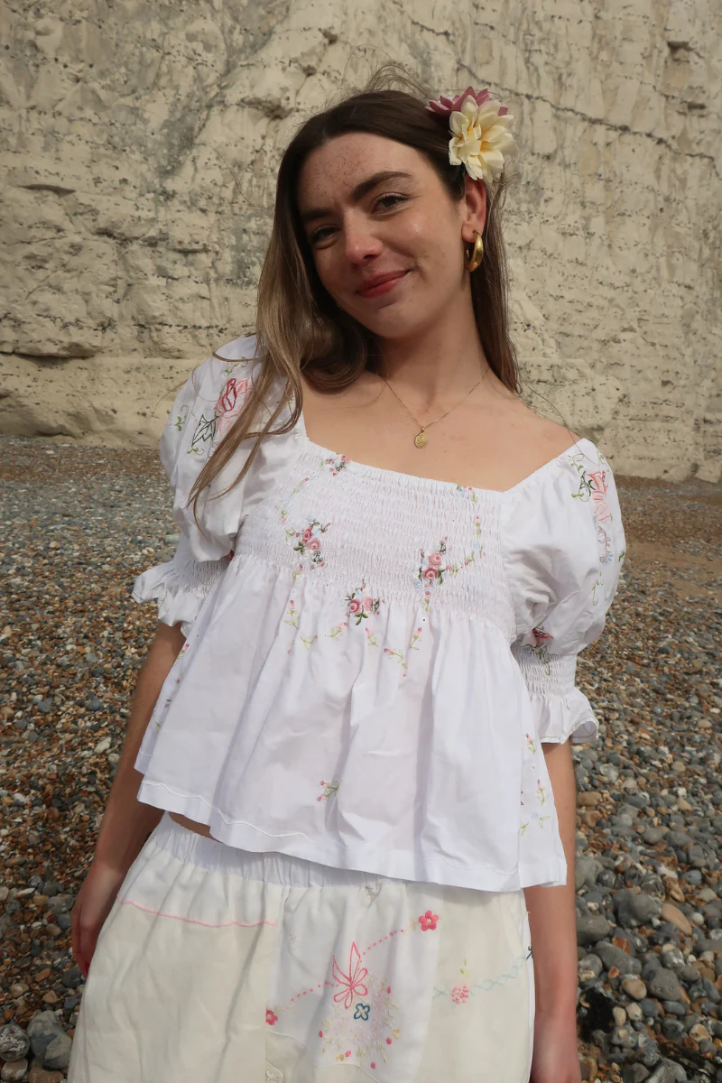 Lucia Vintage Tablecloth Ruched Top in Baby Blue & Pink Floral Bunting - Image 5