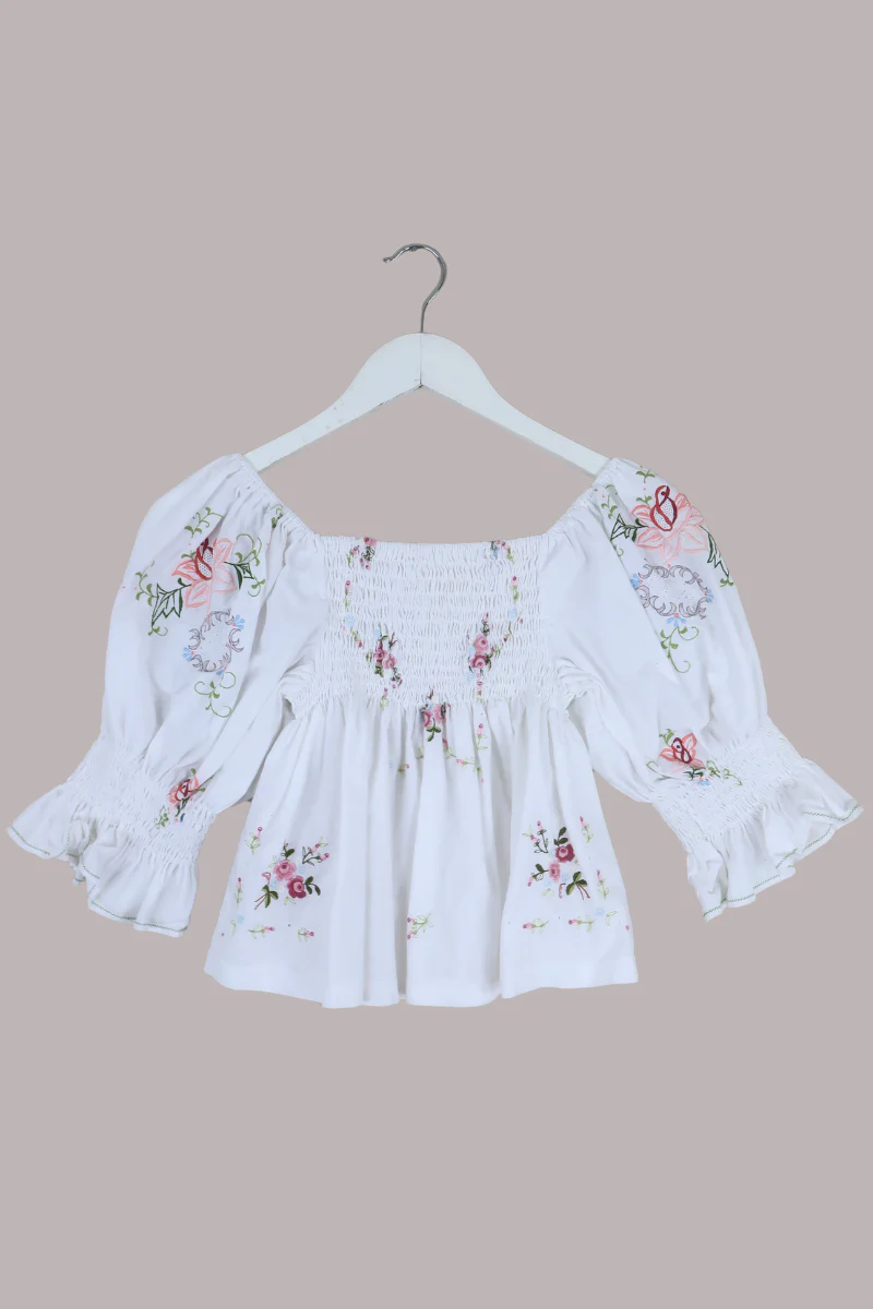 Lucia Vintage Tablecloth Ruched Top in Baby Blue & Pink Floral Bunting - Image 6