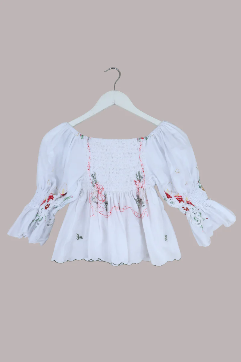 Lucia Vintage Tablecloth Ruched Top in Candle in the Wind Red - Image 3