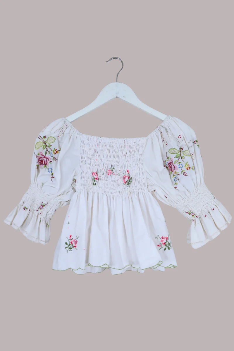 Lucia Vintage Tablecloth Ruched Top in Fairytale Roses - Image 3