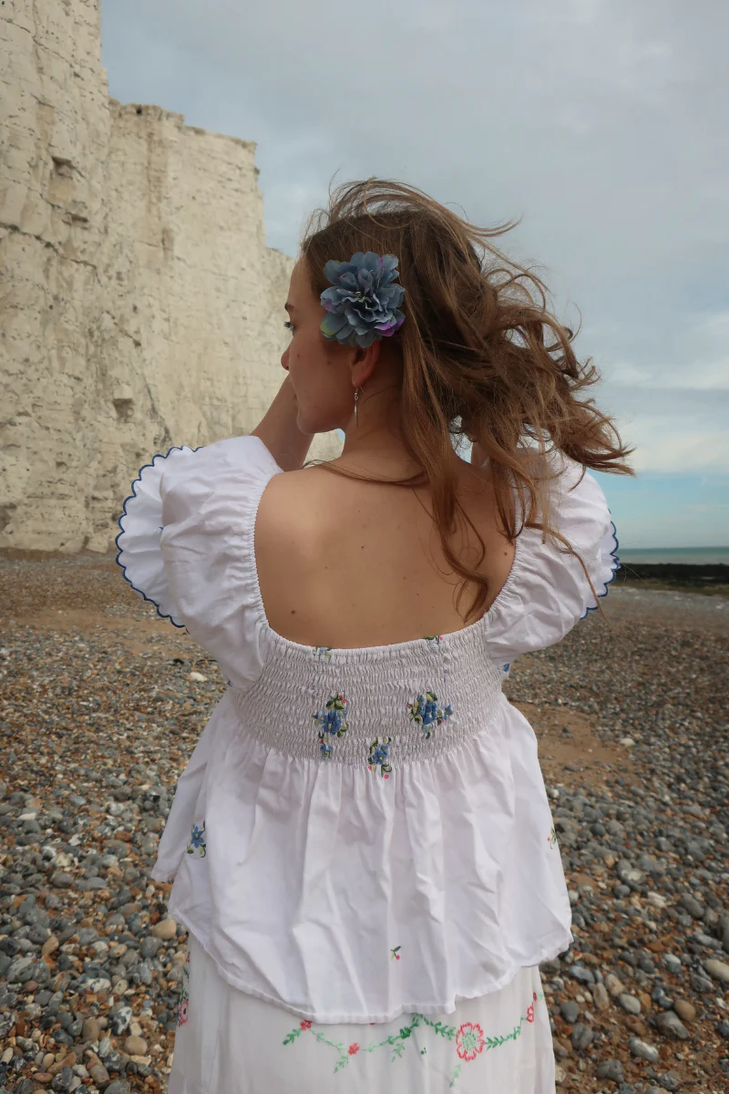 Lucia Vintage Tablecloth Ruched Top in Ides of March Blue Embroidery - Image 3