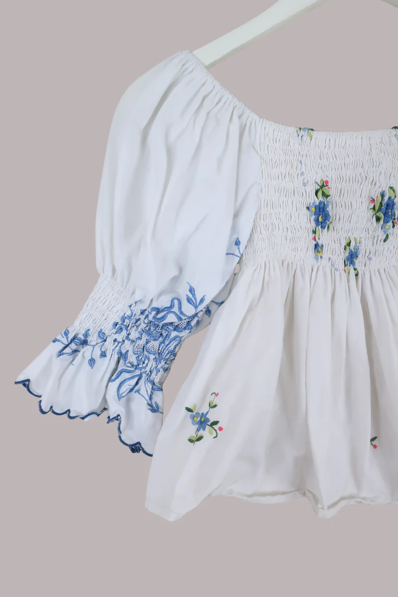 Lucia Vintage Tablecloth Ruched Top in Ides of March Blue Embroidery - Image 4