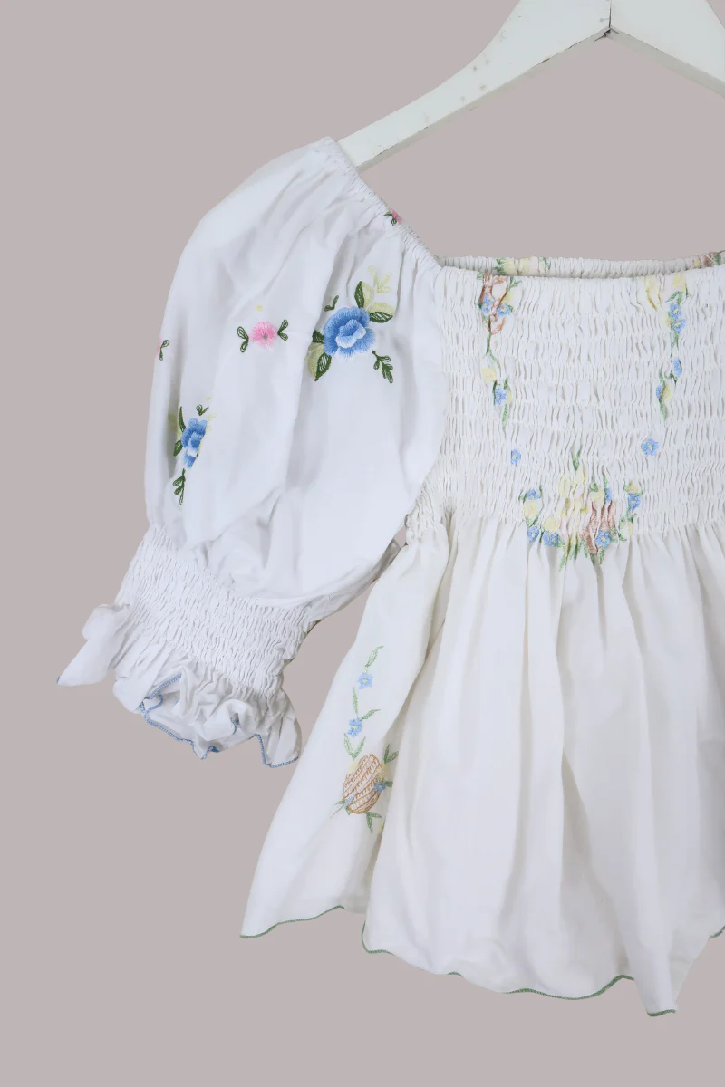 Lucia Vintage Tablecloth Ruched Top in Pastel Proposal Florals - Image 2
