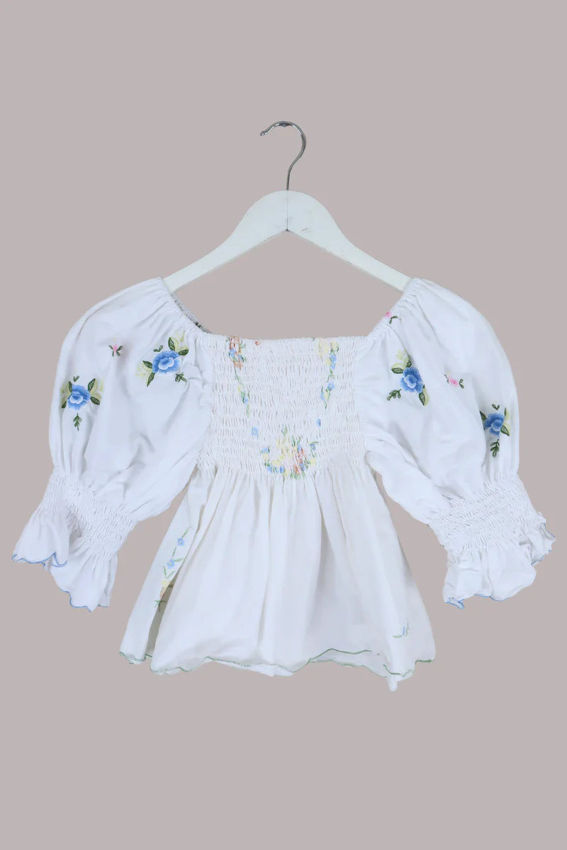 Lucia Vintage Tablecloth Ruched Top in Pastel Proposal Florals - Image 3