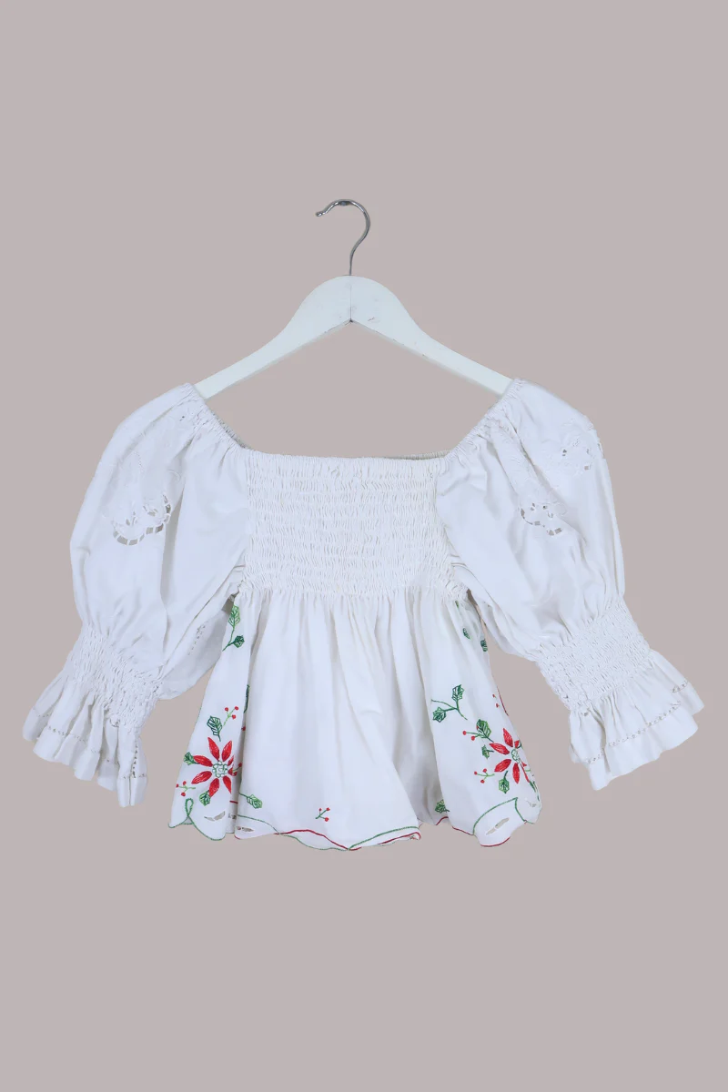 Lucia Vintage Tablecloth Ruched Top in Poinsettia Red Embroidery - Image 3