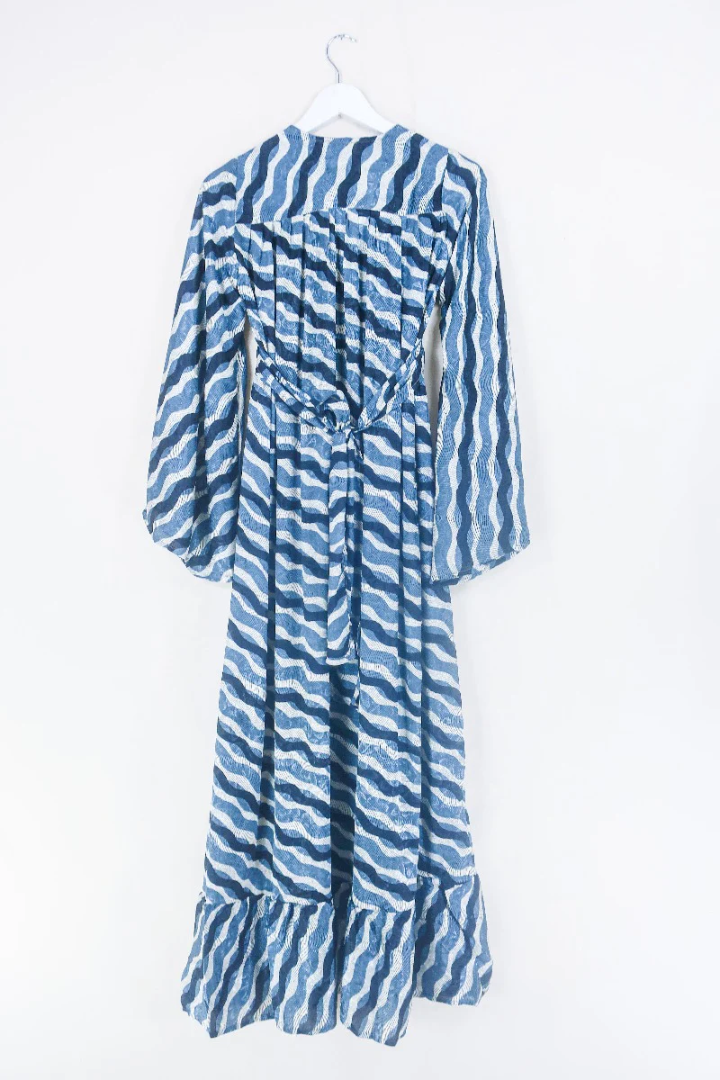 Lunar Maxi Dress - Vintage Sari - Salt White, Onyx & Slate Blue - Size XS - Image 3
