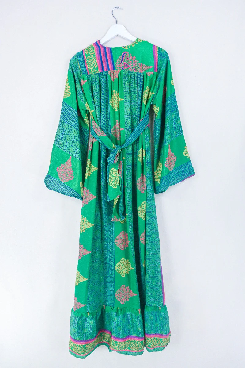 Lunar Maxi Dress - Vintage Sari - Jungle Green Patchwork Tile - Size XS - Image 3