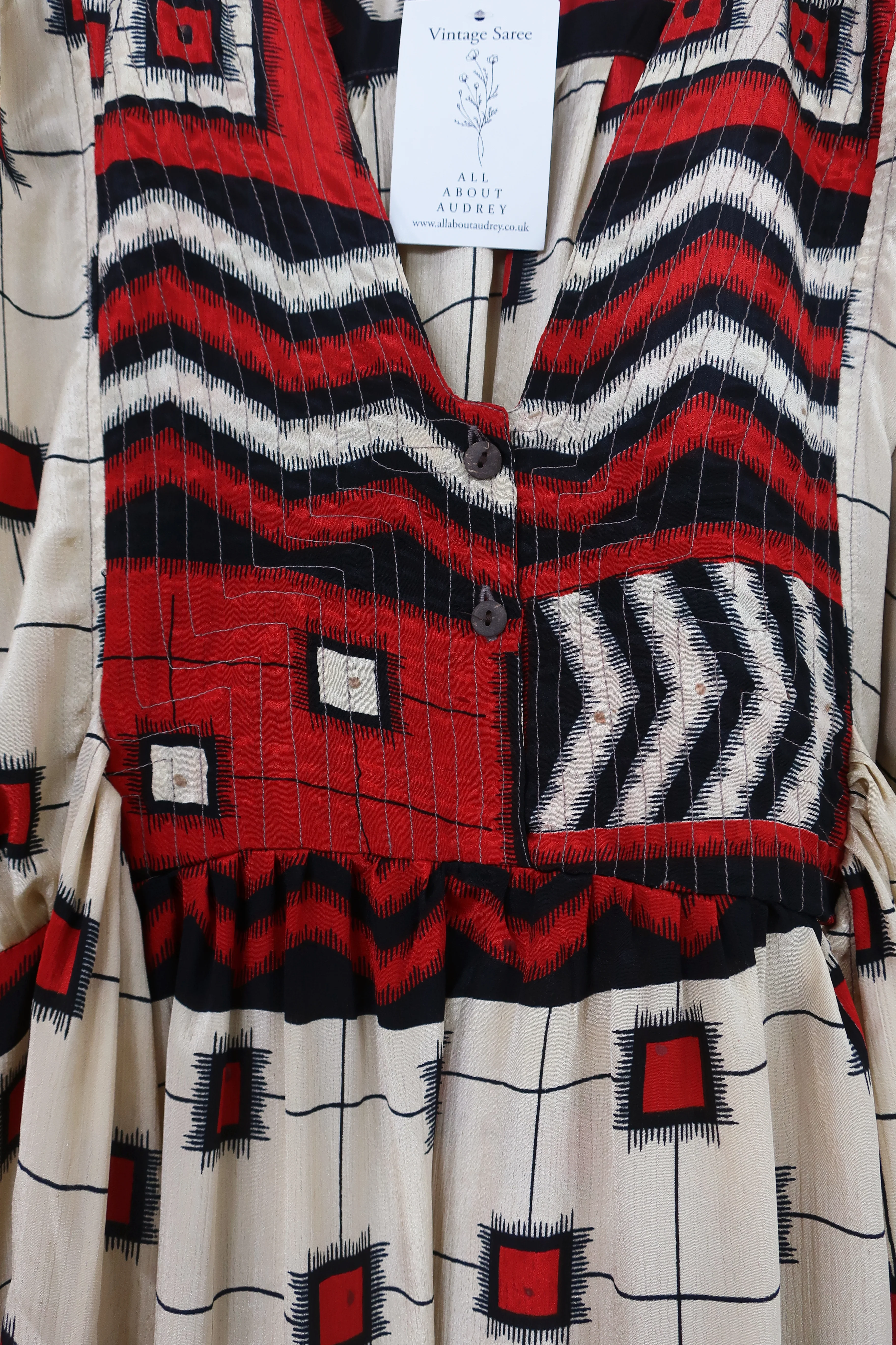 Lunar Maxi Dress - Vintage Sari - Silver & Scarlet Mosaic - Size S/M - Image 4