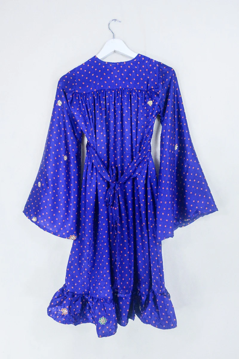 Lunar Mini Dress - Vintage Sari - French Violet and Golden Sequin - Size XXS Petite - Image 3