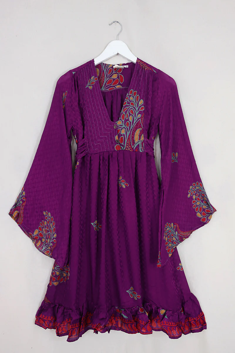 Lunar Mini Dress - Vintage Sari - Jewelled Purple - Size XS Petite