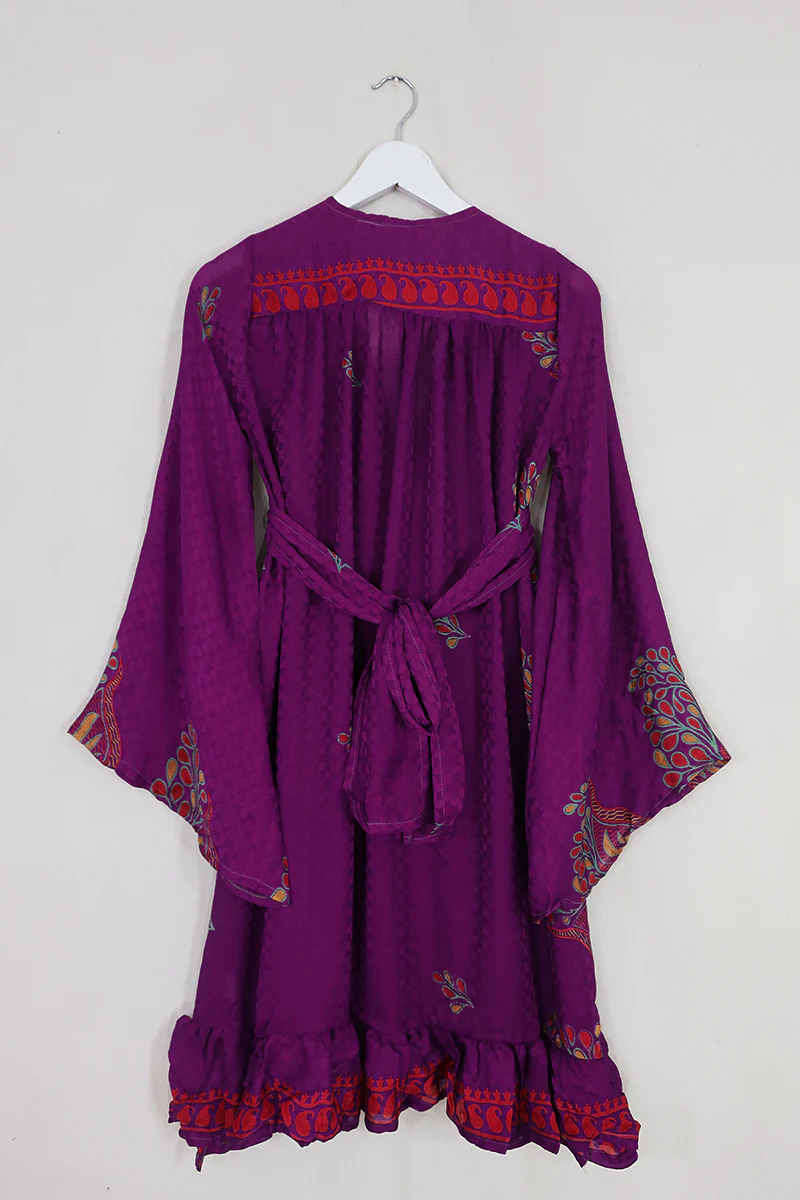Lunar Mini Dress - Vintage Sari - Jewelled Purple - Size XS Petite - Image 3