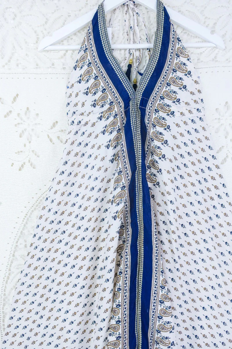 Medusa Harem Jumpsuit - Vintage Sari - Salt White & Indigo Paisley - M/L - Image 2