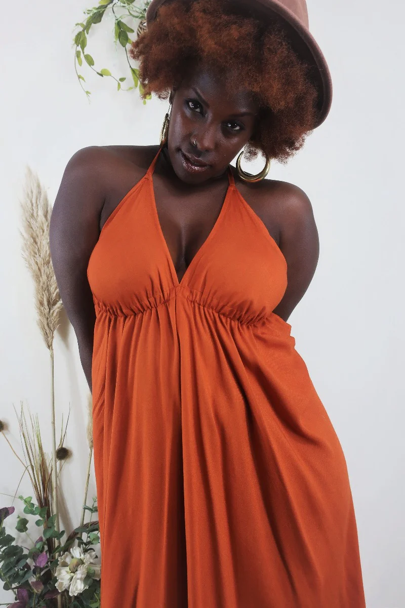 Khroma Medusa Midi Halter Dress in Fiery Orange - Free Size - Image 3
