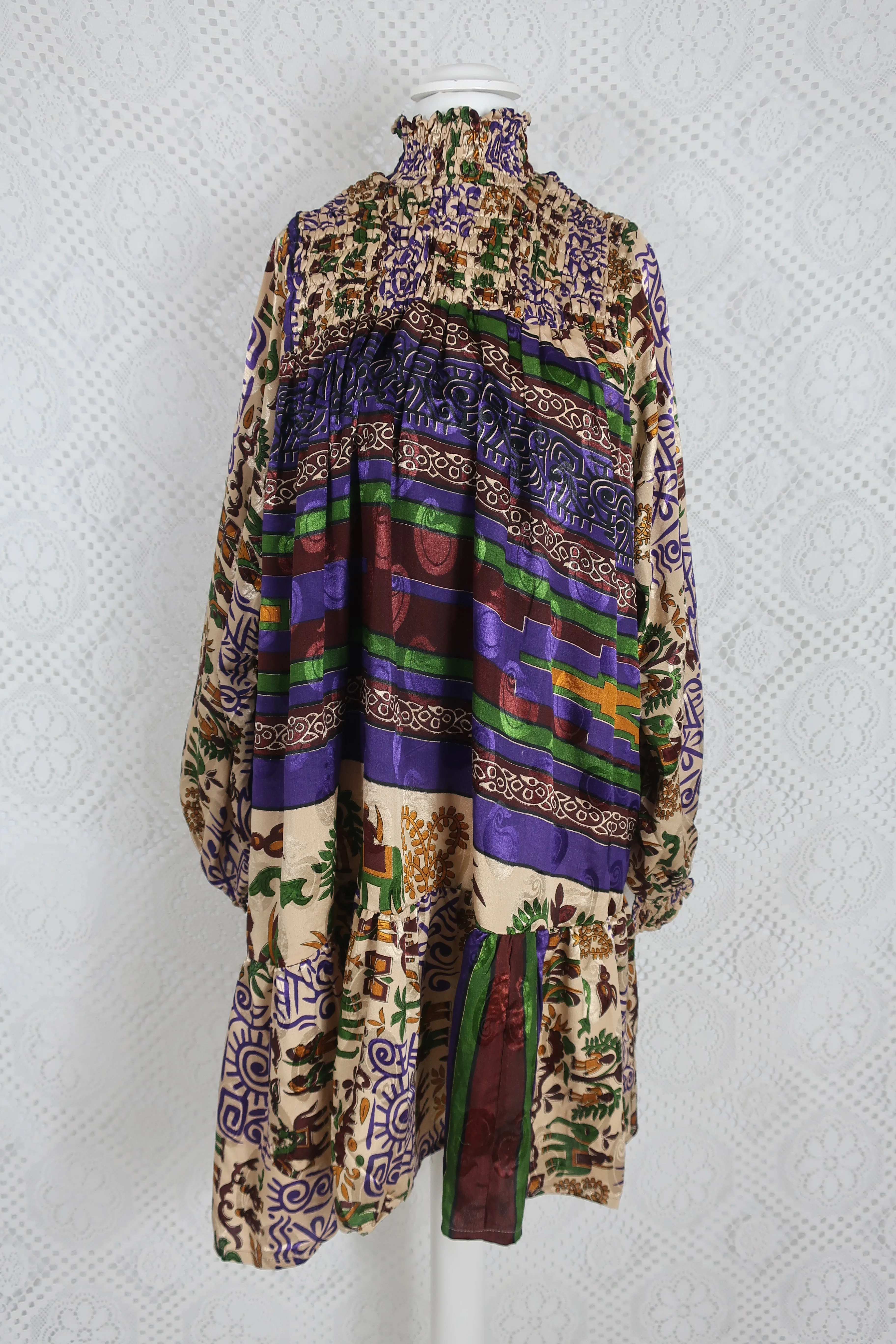 Mona Mini Dress - Vintage Indian Sari - Purple & Gold Illustrations - Free Size - Image 2
