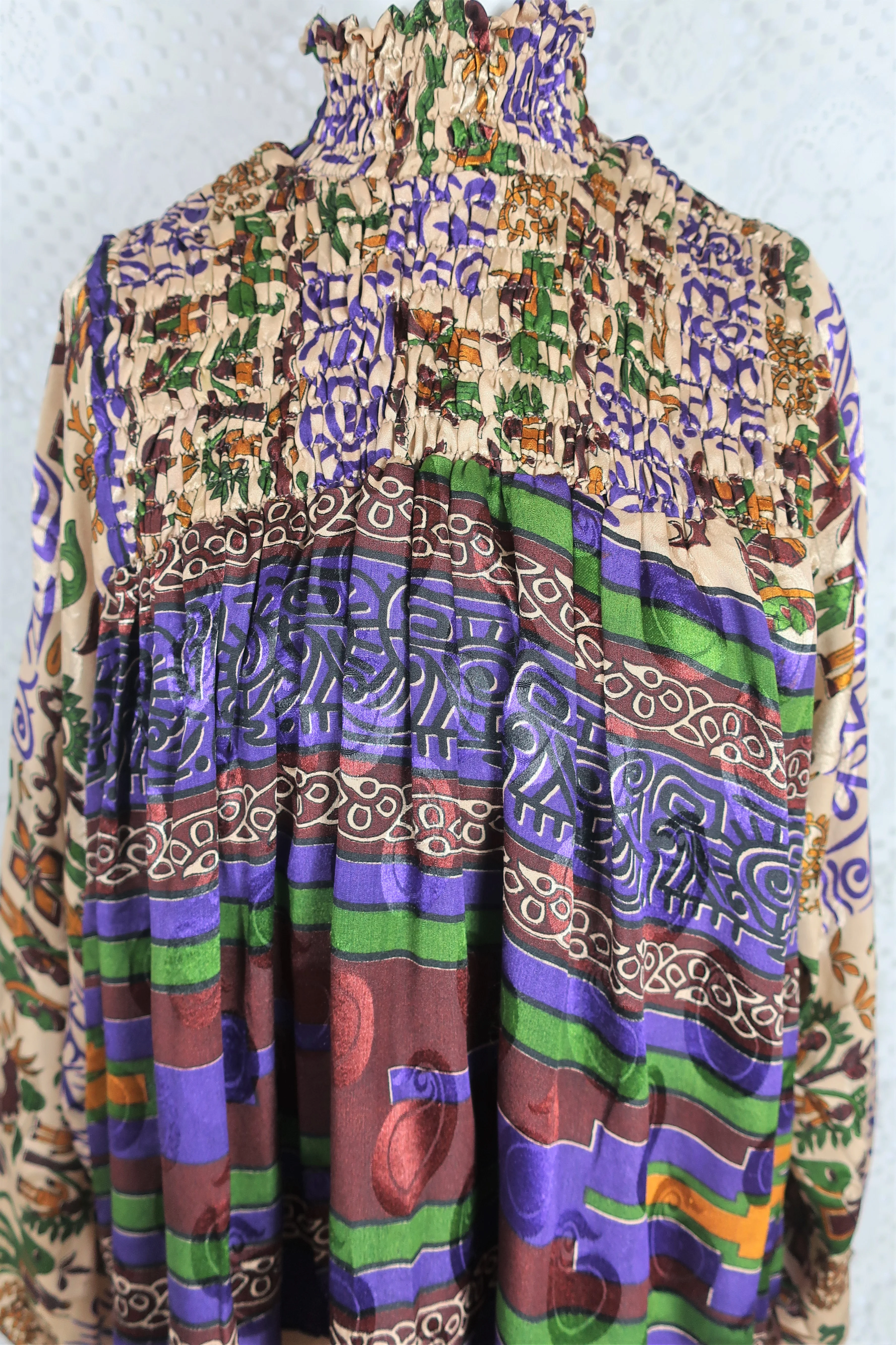 Mona Mini Dress - Vintage Indian Sari - Purple & Gold Illustrations - Free Size - Image 3