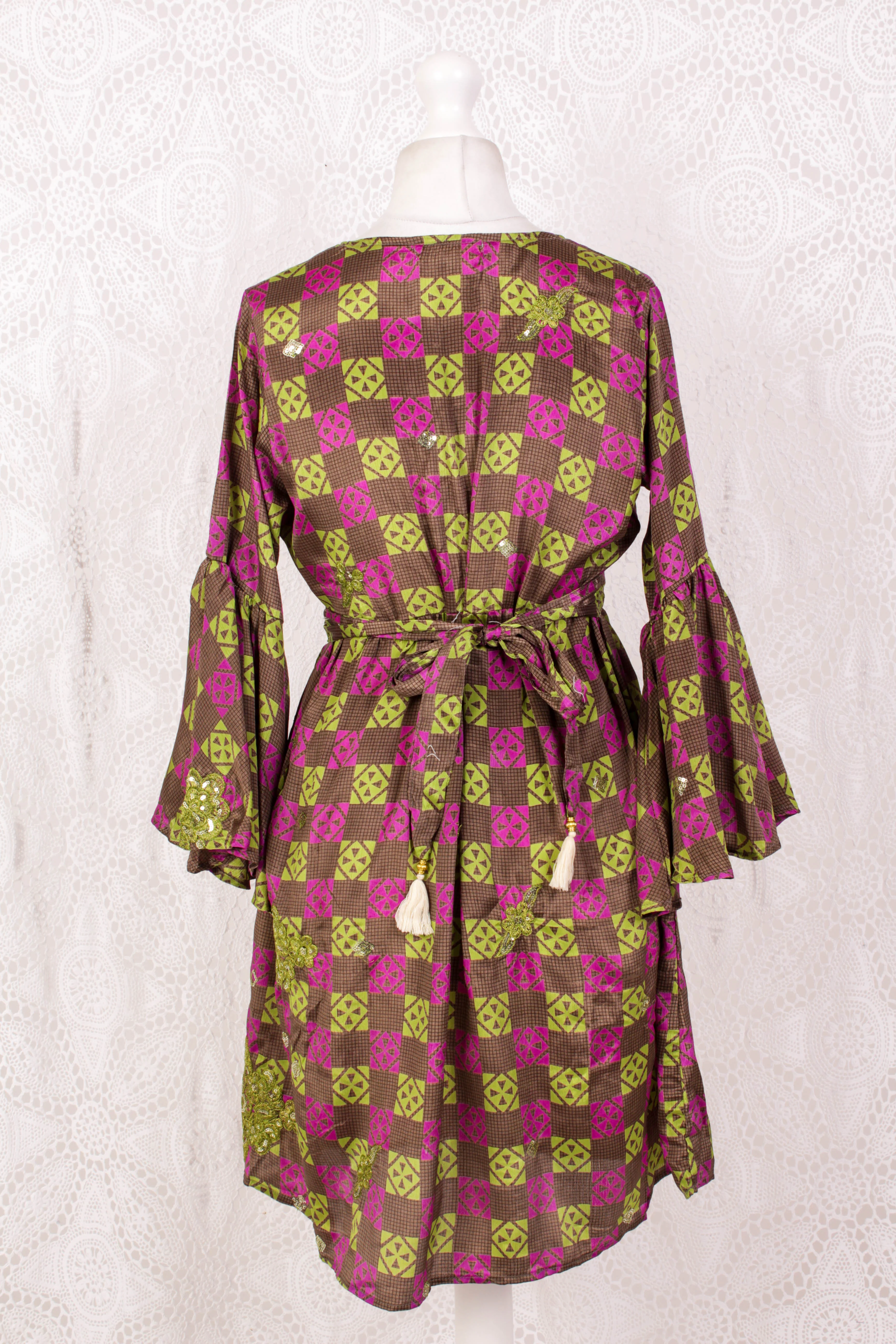 Pansy Mini Dress - Indian Sari - Circular Flounce Sleeve - Chequered Embellished Deep Magenta & Lime - Free Size S/M - Image 4