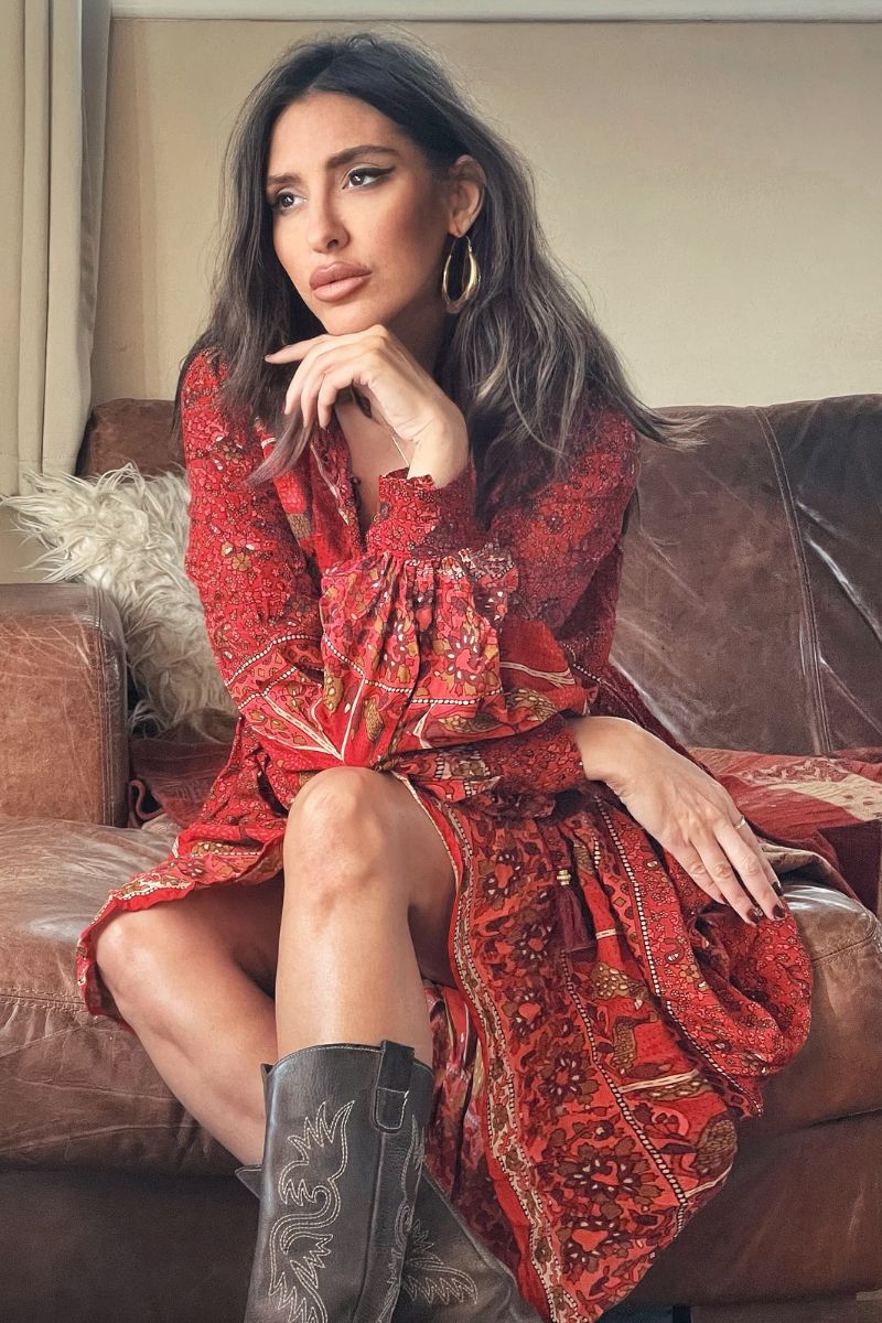 Peacock Primrose Dress in Berry Red - Image 6