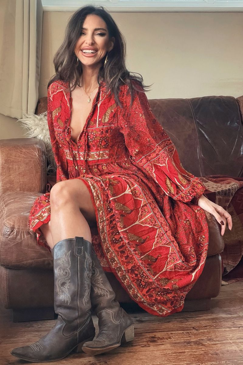 Peacock Primrose Dress in Berry Red - Image 8