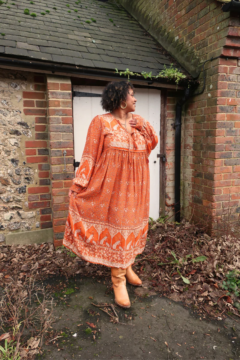 Peacock Primrose Dress in Burnt Orange - Image 4